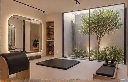 Sala de Pilates solo com espelho, colchonetes e acessórios de alongamento